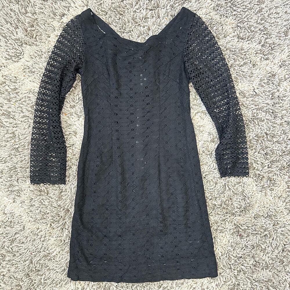 Vintage Black Mesh Lace Sheath Dress Long Sleeve Mini XS Extra Small